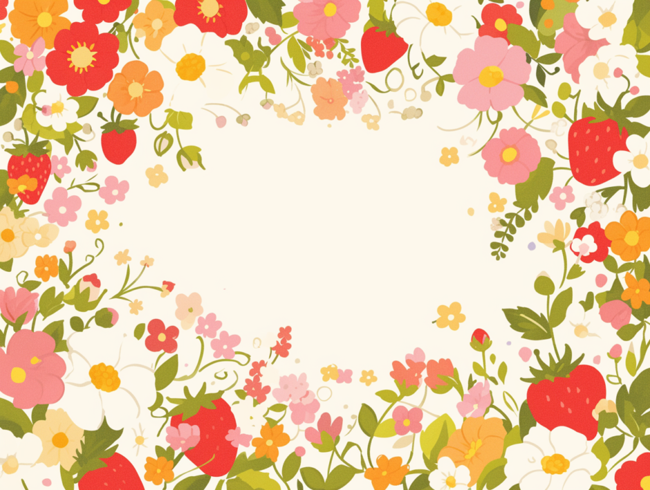 イチゴと花のフレーム／飾り枠画像／フリーイラスト素材