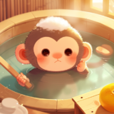 他の猿を棒で威嚇しながら頭に雪を乗せてお風呂に入る猿｜動物イラスト画像｜フリー素材