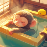 このあと後頭部をヒヨコに突っつかれるお風呂に入る猿｜動物イラスト画像｜無料素材