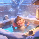 肌に当たる雪の冷たさを心地よく感じる温泉に入る猿｜動物イラスト画像｜無料素材