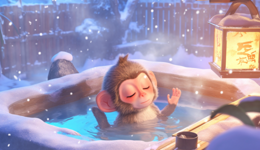 肌に当たる雪の冷たさを心地よく感じる温泉に入る猿｜動物イラスト画像｜無料素材