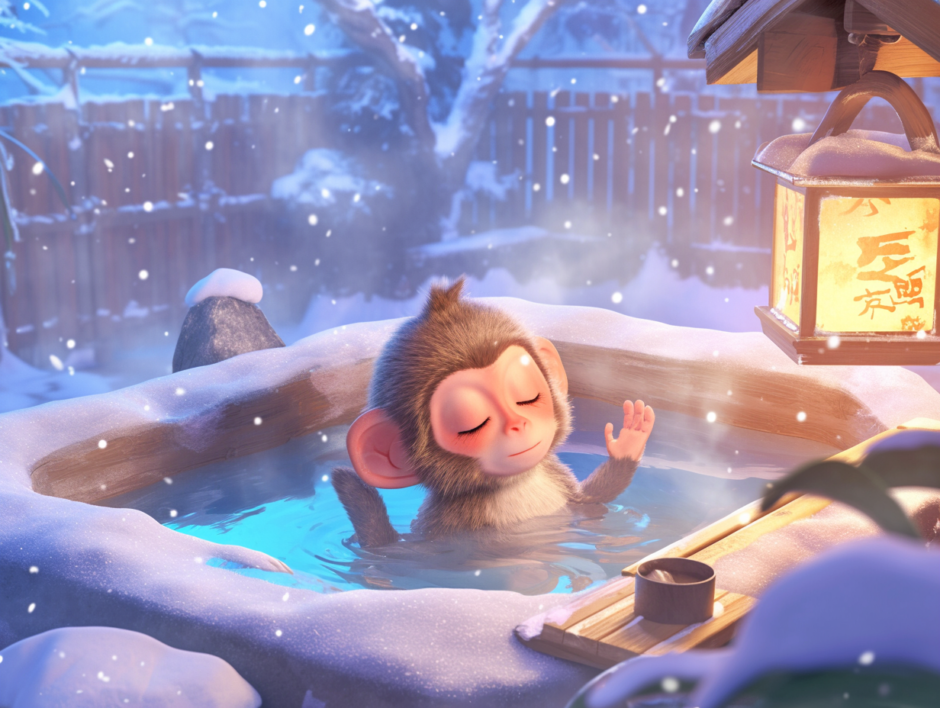 肌に当たる雪の冷たさを心地よく感じる温泉に入る猿｜動物イラスト画像｜フリー素材
