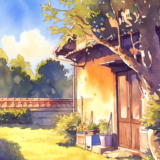 夏の強い日差しを受ける田舎の一軒家｜背景画像｜無料イラスト素材