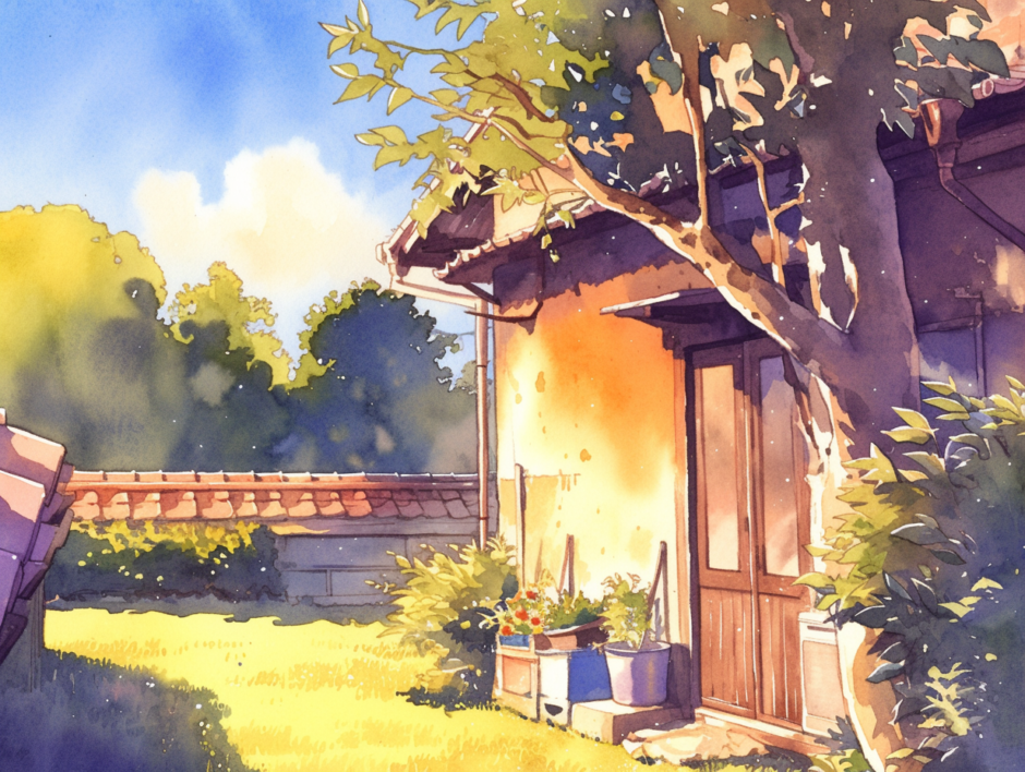 夏の強い日差しを受ける田舎の一軒家／背景画像／フリーイラスト素材