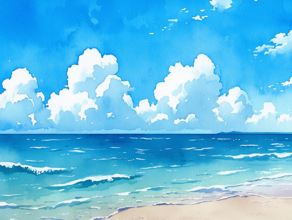 夏の海と空。水彩画風イラスト／背景画像／フリーイラスト素材
