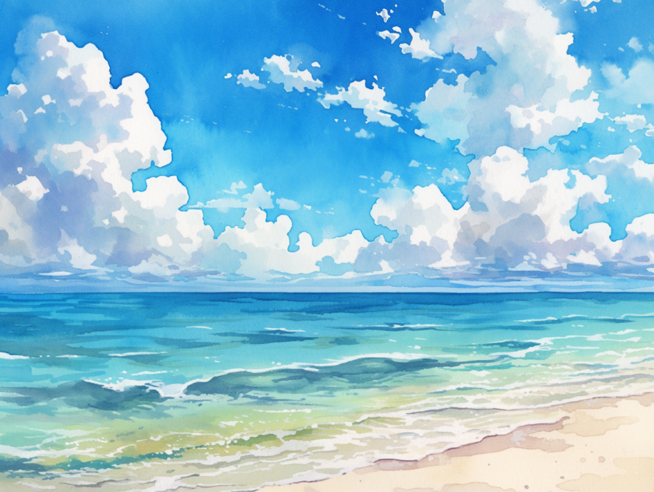夏の海と空。水彩画風／背景画像／フリーイラスト素材