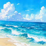 夏の海と空。水彩画風イラスト／背景画像／フリーイラスト素材