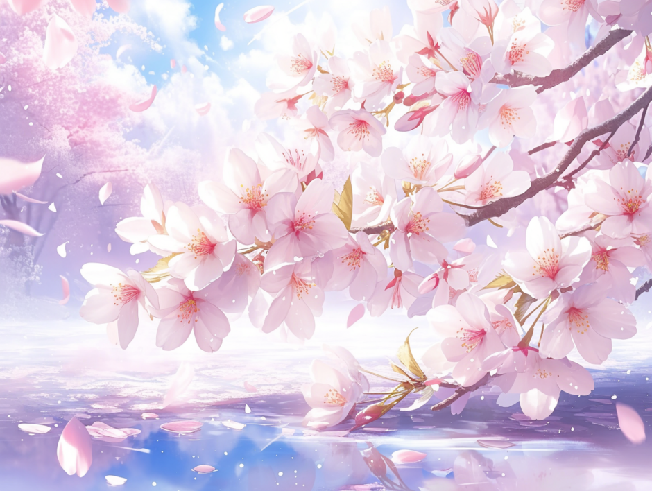 美しい桜と、水面に浮かぶ花びら／背景画像／フリー素材