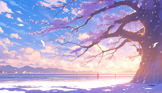 夕日を受ける桜と、遠くの山々｜背景画像｜無料イラスト素材