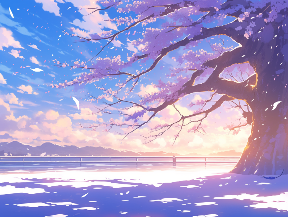 夕日を受ける桜と、遠くの山々／背景画像／フリー素材