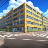 黄色の建物（学校？役所？）と交差点と桜／背景画像／フリー素材
