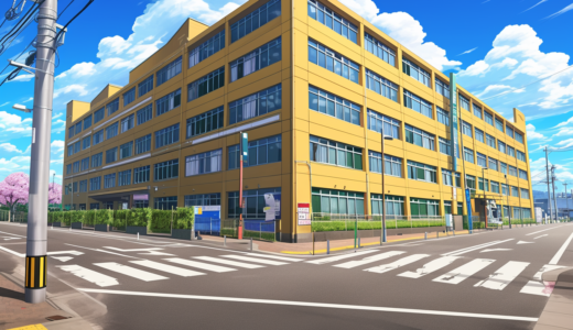 黄色の建物（学校？役所？）と交差点と桜｜背景画像｜無料イラスト素材