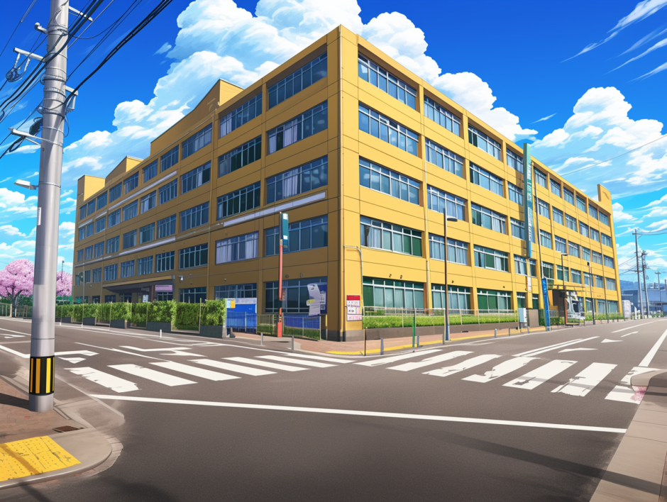 黄色の建物（学校？役所？）と交差点と桜／背景画像／フリー素材