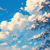 桜と青い空、白い雲と白い鳥、舞う桜吹雪／背景画像／フリー素材