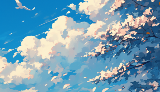 桜と青い空、白い雲と白い鳥、舞う桜吹雪｜背景画像｜無料イラスト素材
