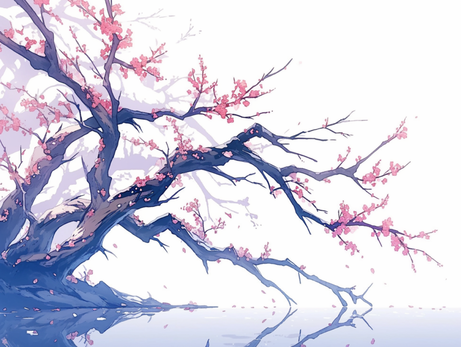 水際に立つ和風の桜の木／背景画像／フリー素材