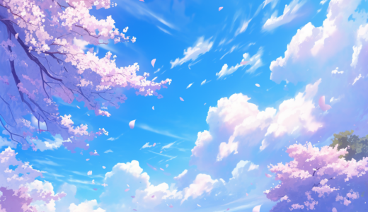 青空と白い雲に映える桜と桜吹雪｜背景画像｜無料イラスト素材