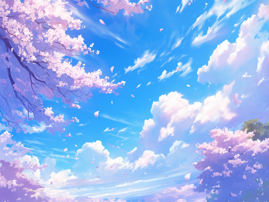 青空と白い雲に映える桜と桜吹雪／背景画像／フリー素材