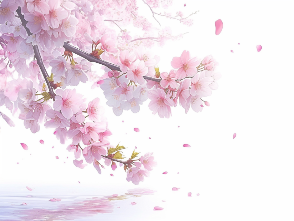 桜と舞う花びら。水面に映る桜。／背景画像／フリー素材