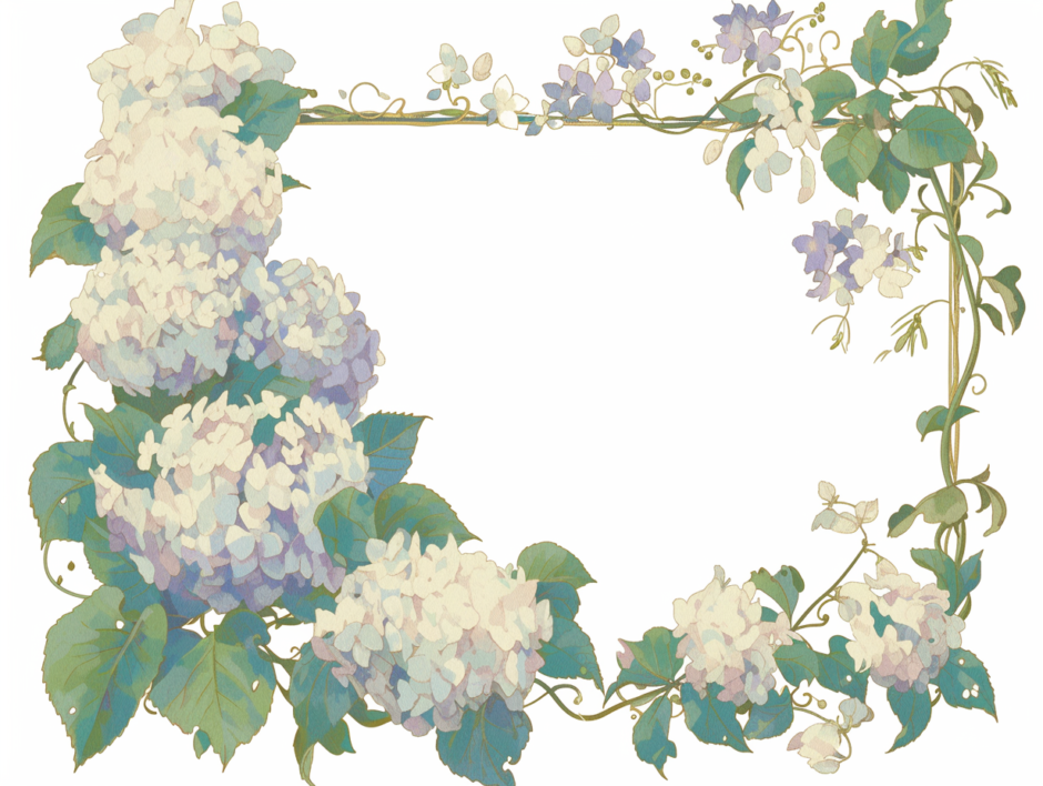 紫陽花（あじさい）の梅雨時フレーム／飾り枠画像／フリーイラスト素材