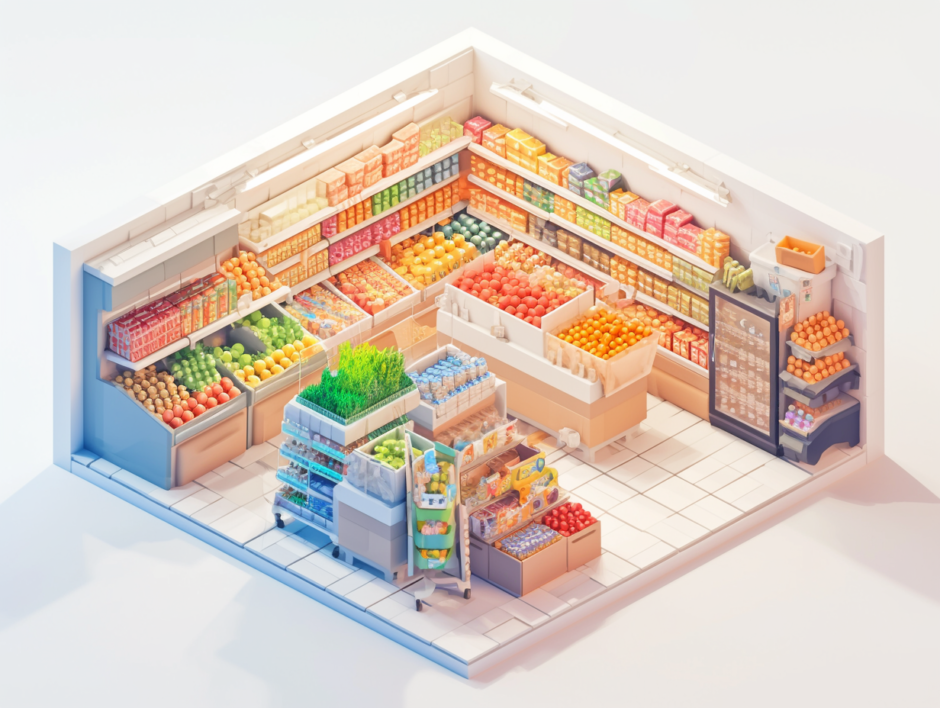 スーパーマーケット／アイソメトリック３D画像／フリーイラスト素材