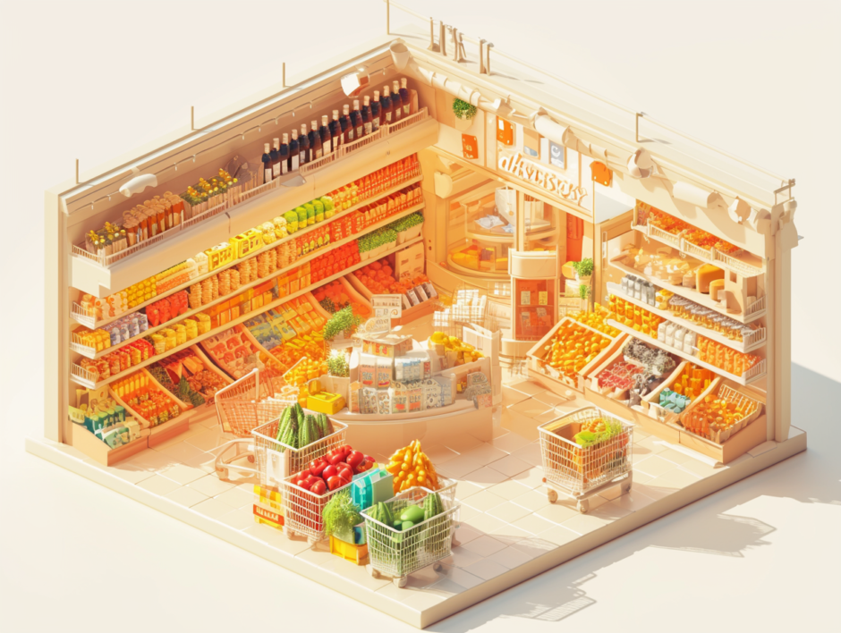 スーパーマーケット／アイソメトリック３D画像／フリーイラスト素材