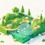 大自然の中の池と木々／アイソメトリック３D画像／フリーイラスト素材