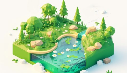 大自然の中の池と木々｜アイソメトリック３D画像｜無料イラスト素材