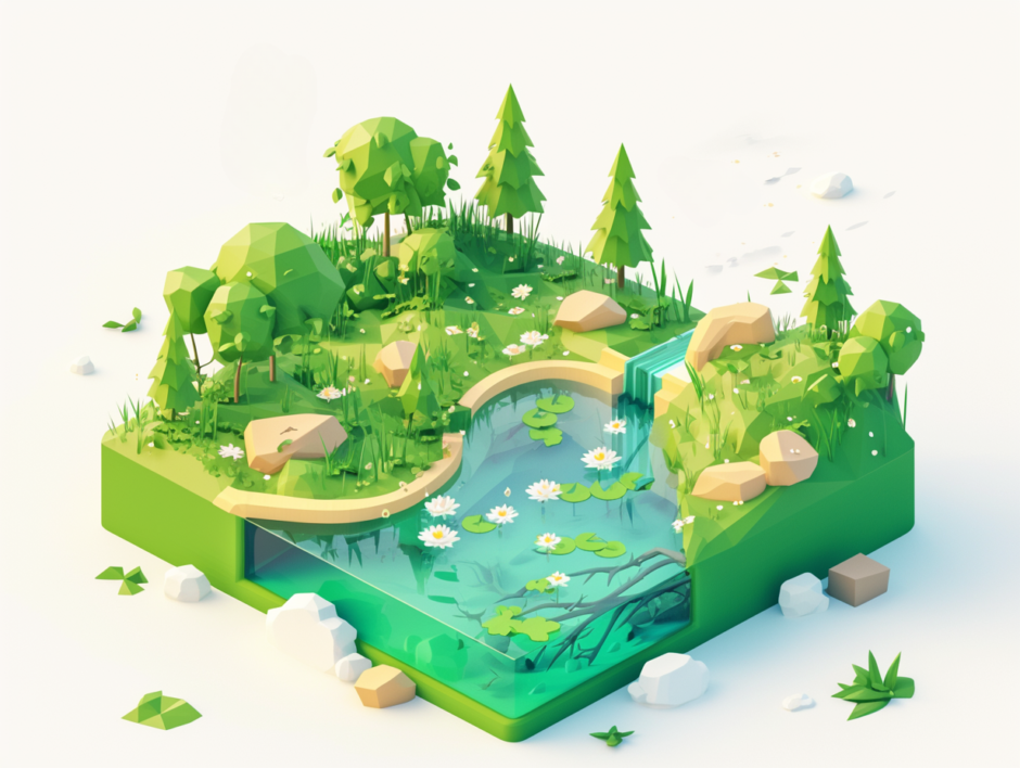 大自然の中の池と木々／アイソメトリック３D画像／フリーイラスト素材