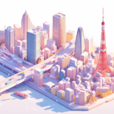 都会の風景と東京タワー／アイソメトリック３D画像／フリーイラスト素材