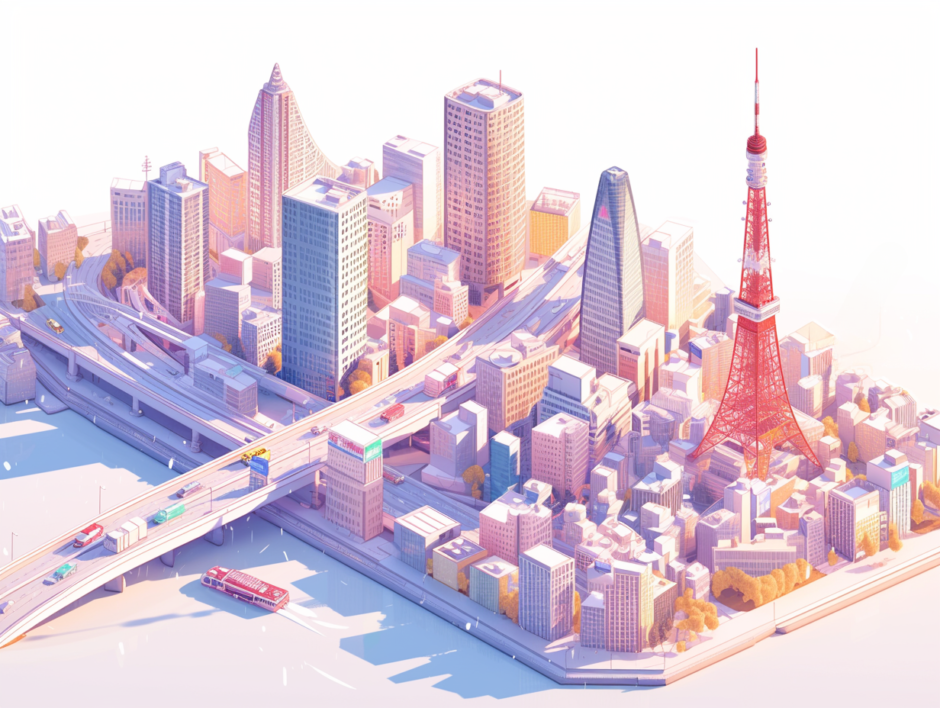 都会の風景と東京タワー／アイソメトリック３D画像／フリーイラスト素材