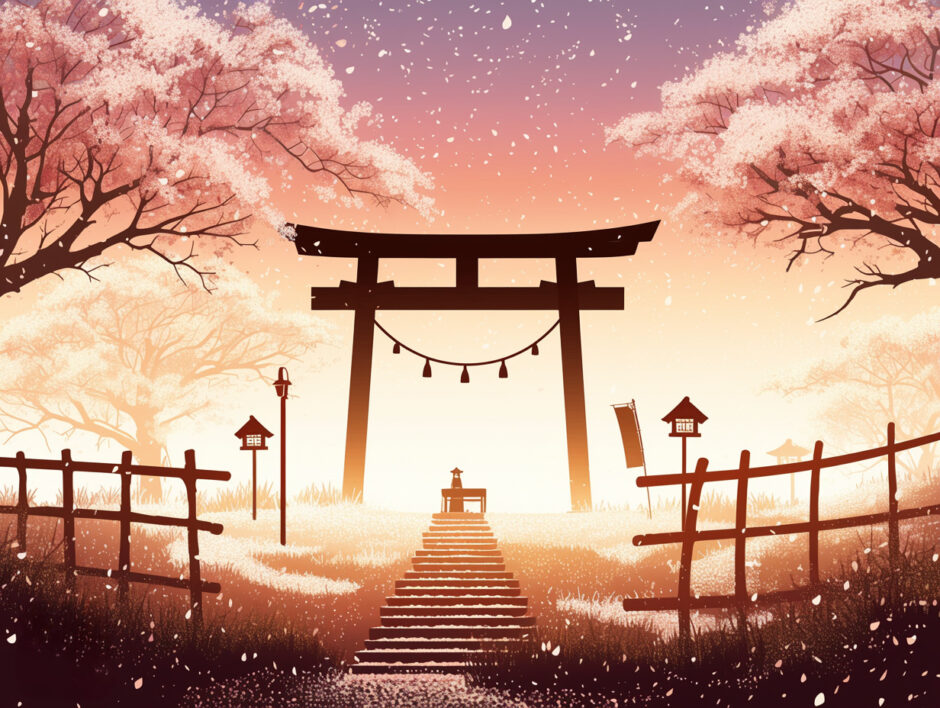桜と鳥居の幻想的な光景／背景画像／フリー素材