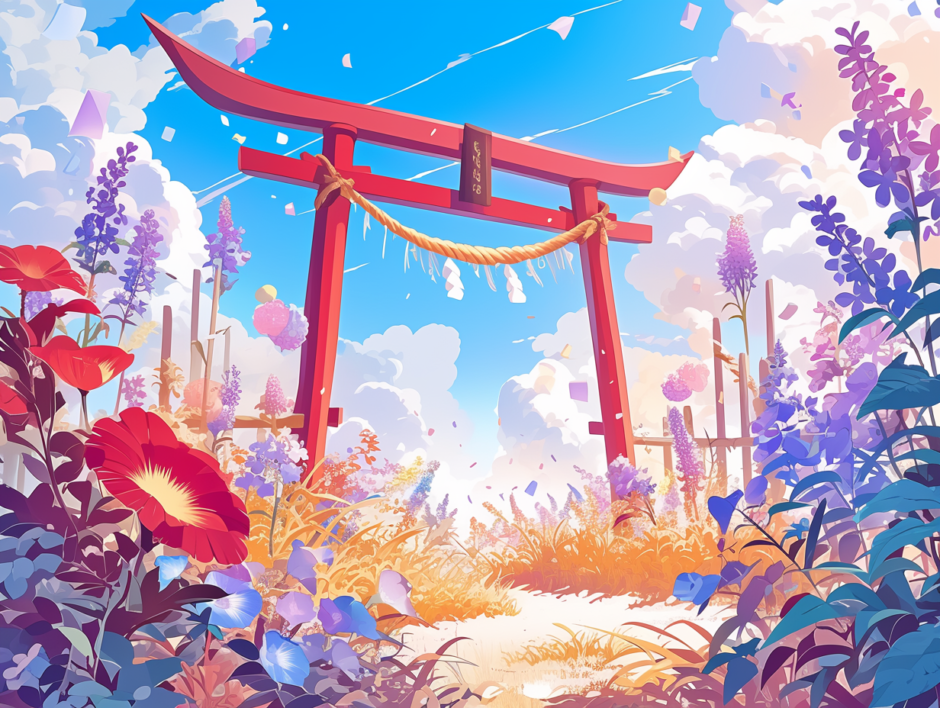 夏の花々と神社の鳥居。幻想的な風景。／背景画像／フリーイラスト素材