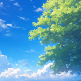 背景に使える夏空・入道雲と緑まぶしい木／背景画像／フリーイラスト素材