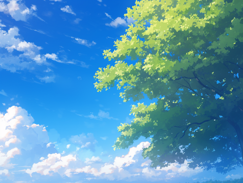 背景に使える夏空・入道雲と緑まぶしい木／背景画像／フリーイラスト素材