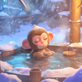 好きなオス猿に思いをはせながら露天風呂に入るメス猿｜動物イラスト画像｜フリー素材