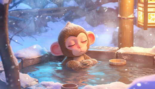 好きなオス猿に思いをはせながら露天風呂に入るメス猿｜動物イラスト画像｜無料素材