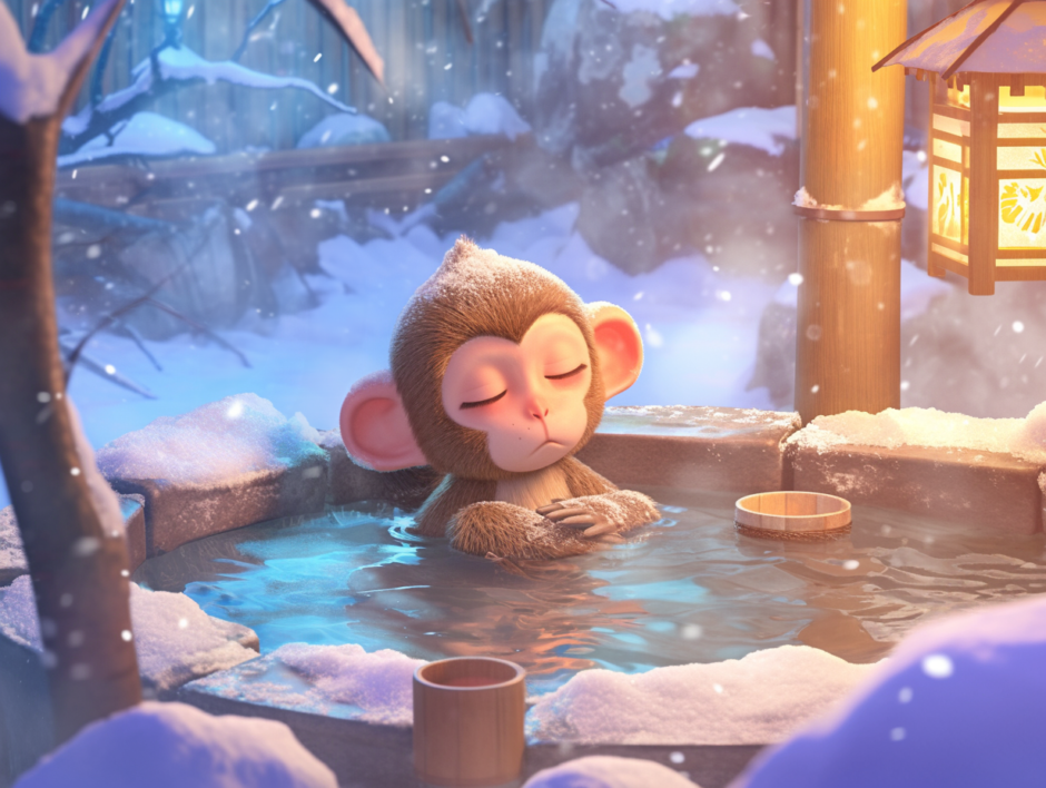 好きなオス猿に思いをはせながら露天風呂に入るメス猿｜動物イラスト画像｜フリー素材