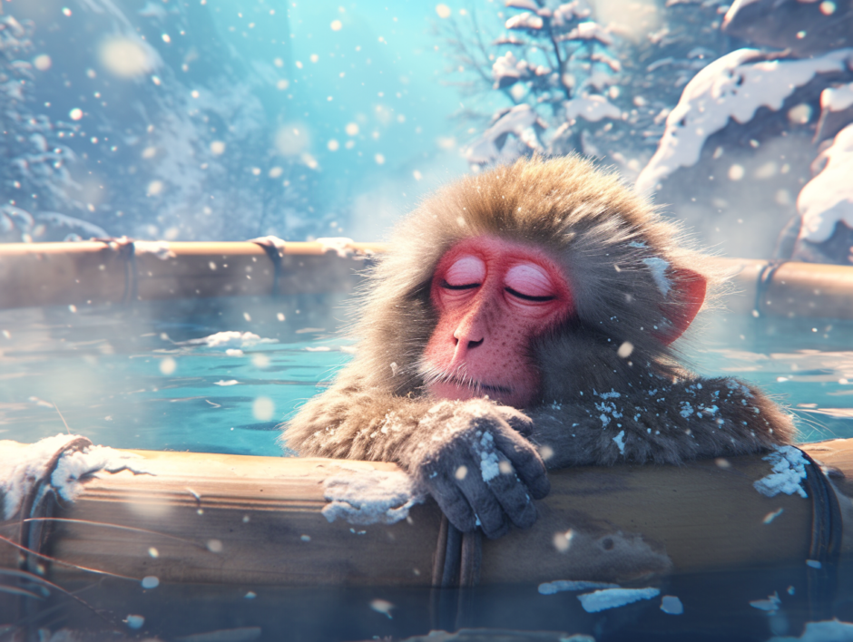 露天風呂で夢見心地の結構リアルな猿｜動物イラスト画像｜フリー素材