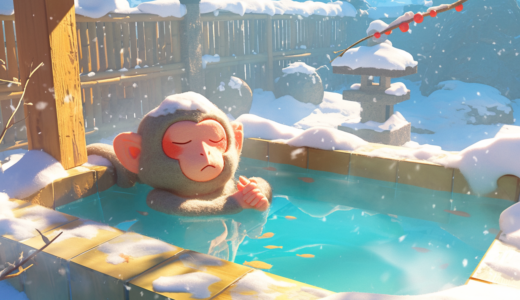 金魚と一緒にぬるめの温泉に入る猿｜動物イラスト画像｜無料素材