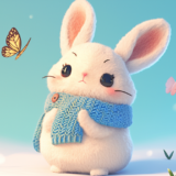 手編みのマフラーを蝶に自慢するウサギ｜動物イラスト画像｜無料素材