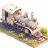 展示物のような真っ白な蒸気機関車｜アイソメトリック３D画像｜無料イラスト素材