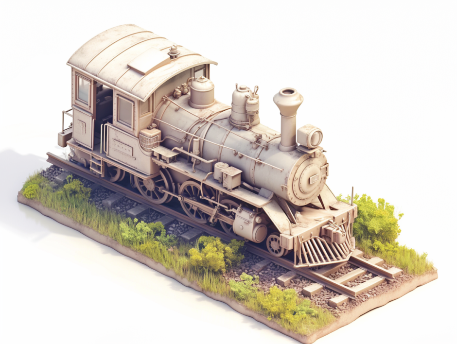 展示物のような真っ白な蒸気機関車｜アイソメトリック３D画像｜無料イラスト素材