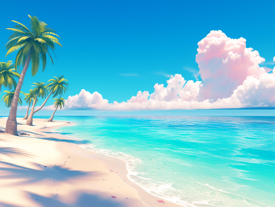 ヤシの木と海が美しい南国の優雅で美しいビーチ｜背景イラスト画像｜フリー素材