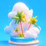 モクモクと白い雲が湧きたつ無人島っぽい南国のビーチ｜アイソメトリック３D画像｜無料イラスト素材